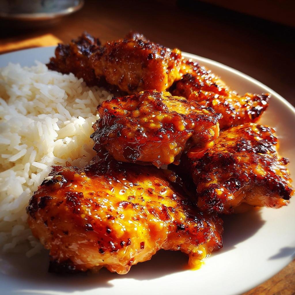 Nahaufnahme von glasiertem Schnelles Honig Senf Hähnchen auf einem Teller neben weißem Reis.