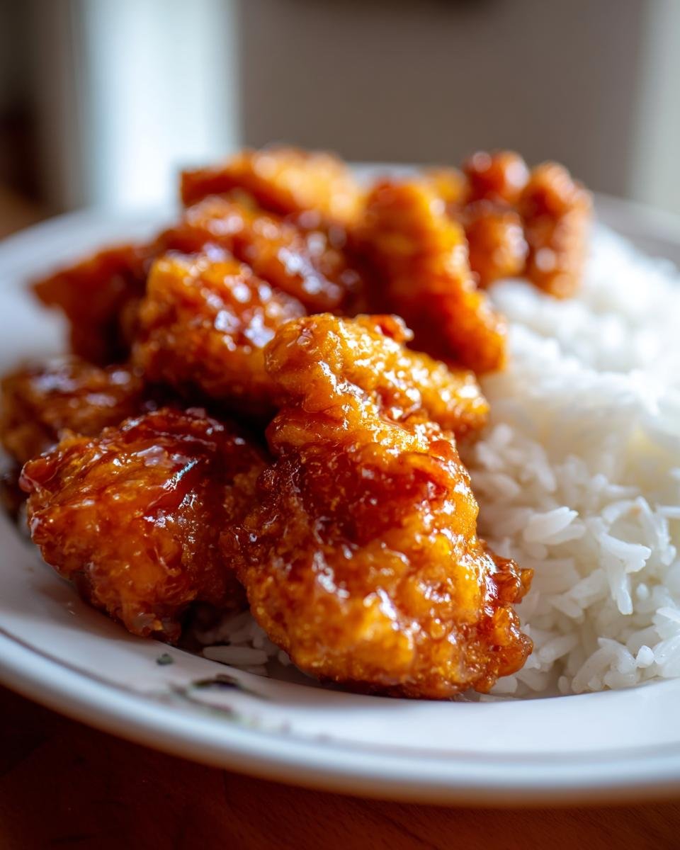 Nahaufnahme von glasiertem Schnelles Honig Senf Hähnchen auf weißem Reis auf einem Teller.