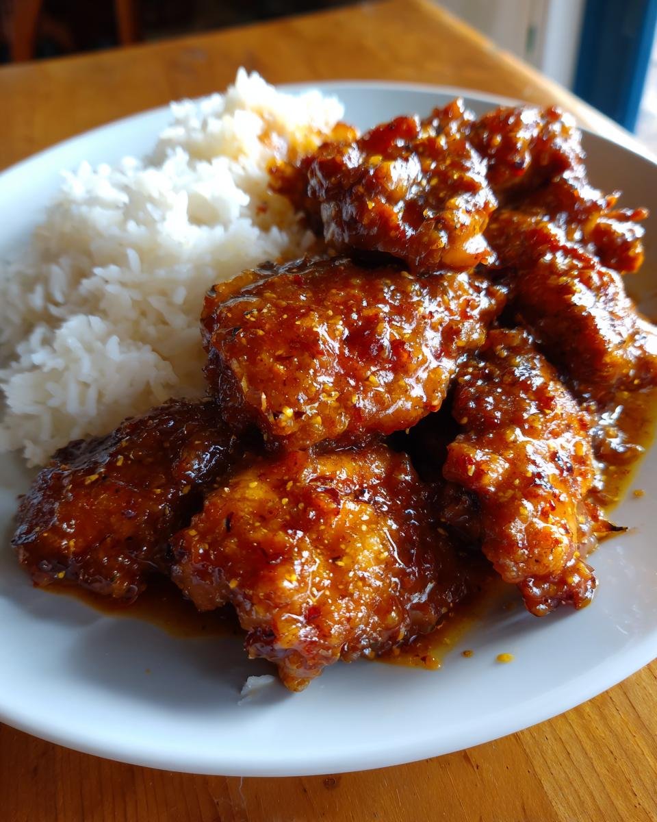 Nahaufnahme von Schnelles Honig Senf Hähnchen mit Reis auf einem weißen Teller.