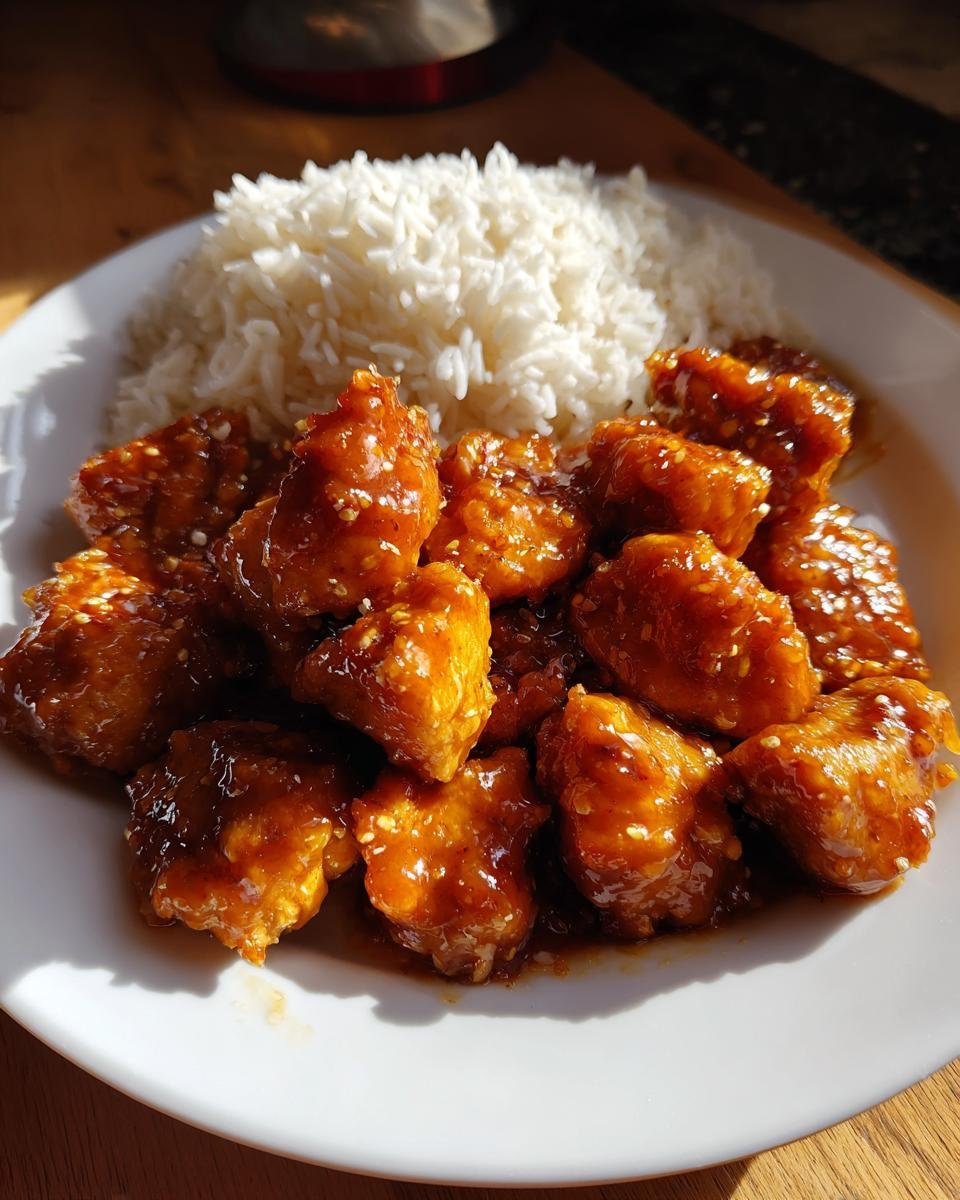 Teller mit Schnelles Honig Senf Hähnchen in glänzender Sauce und einer Portion weißem Reis.