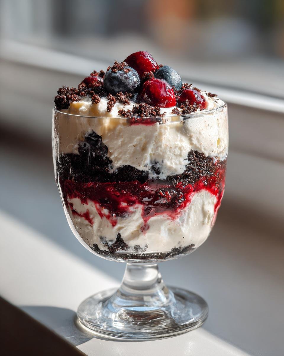Nahaufnahme eines schnellen Schichtdessert im Glas mit cremiger Füllung, dunklen Krümeln und frischen Beeren.