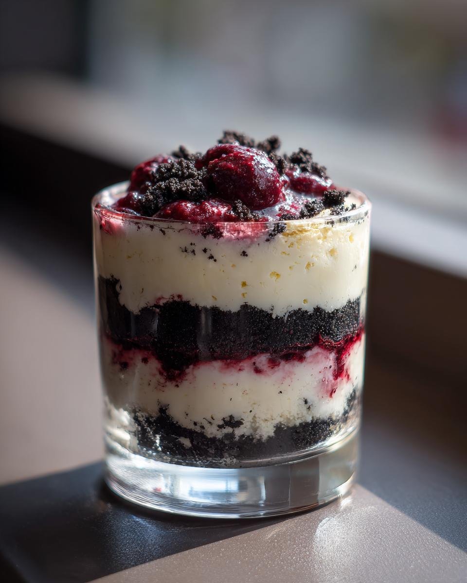 Nahaufnahme eines cremigen Schichtdessert im Glas mit dunklen Keksstücken und roten Beeren.
