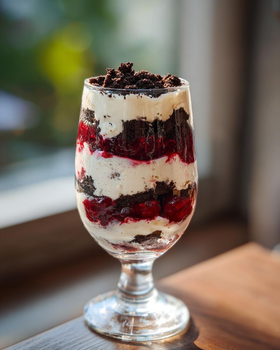 Nahaufnahme eines leckeren Schichtdessert im Glas mit dunklen Keksstücken, weißer Creme und roter Fruchtfüllung.