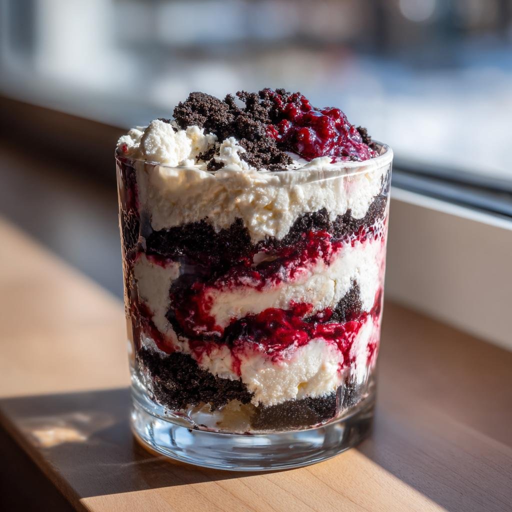 Nahaufnahme eines fertigen Schichtdessert im Glas mit dunklen Schokoladenkrümeln, weißer Creme und roter Fruchtsoße.