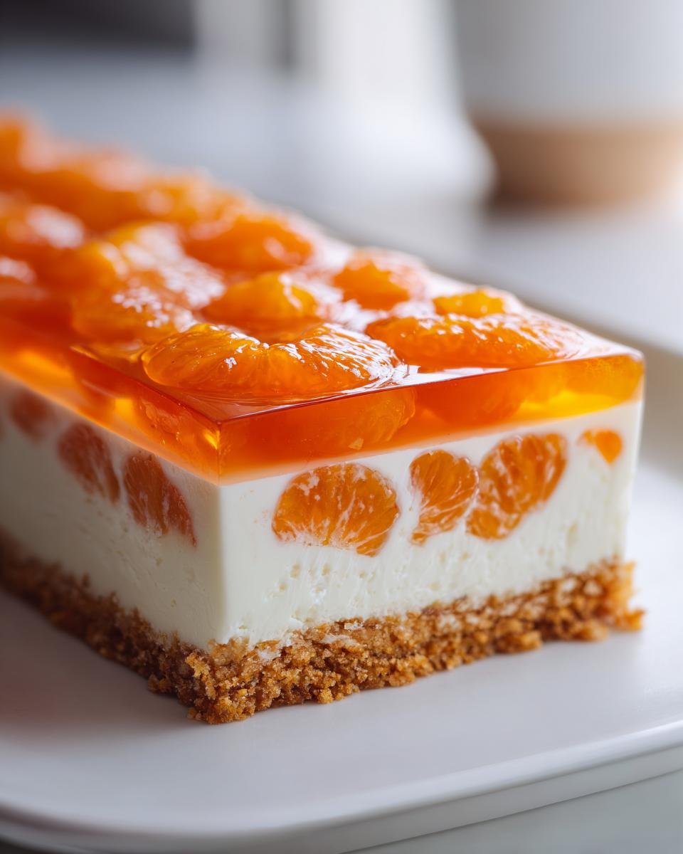 Nahaufnahme eines Stücks Weihnachts Mandarinen-Torte mit Keksboden, cremiger Füllung und Mandarinen in orangefarbenem Gelee.