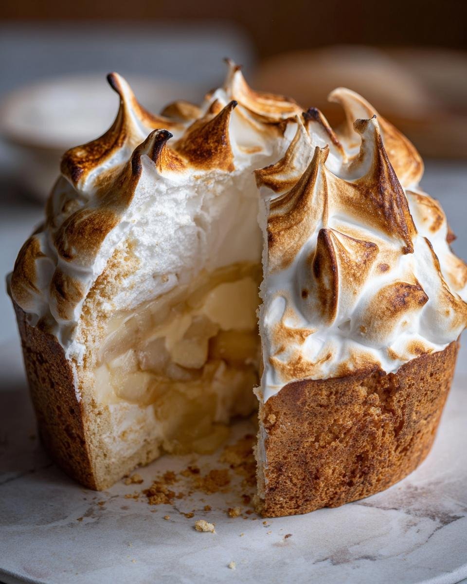 Schnittbild einer runden Nach diesem Apfel-Baiser-Torte mit goldbraun gebackenem Boden und gezacktem, gebräuntem Baiser-Topping.