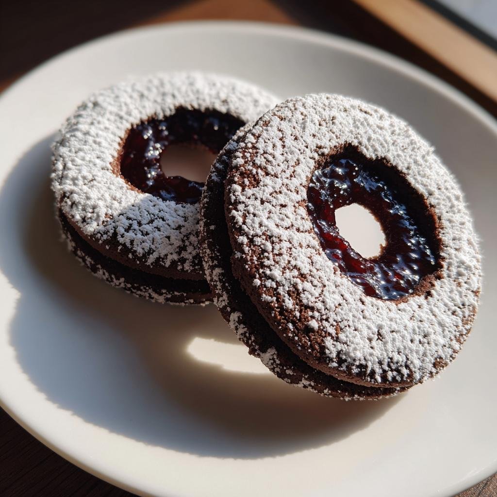 Zwei fertige Schoko-Engelsaugen Kekse, bestäubt mit Puderzucker und gefüllt mit dunkler Marmelade, auf einem weißen Teller.