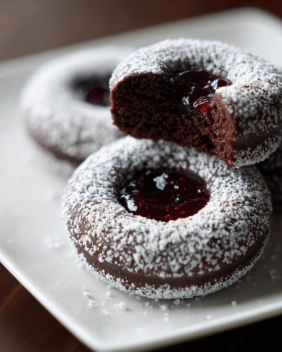 Nahaufnahme von drei Schoko-Engelsaugen, bestäubt mit Puderzucker, mit roter Marmelade in der Mitte.