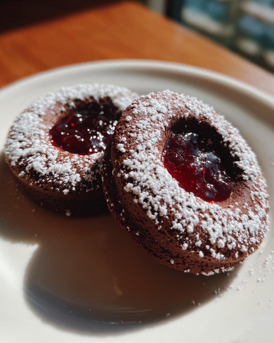 Zwei dunkle Schoko-Engelsaugen Kekse, bestäubt mit Puderzucker und gefüllt mit roter Marmelade.