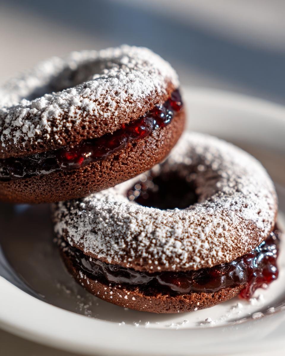 Zwei runde, schokoladige Schoko-Engelsaugen, gefüllt mit dunkler Marmelade und bestäubt mit Puderzucker.