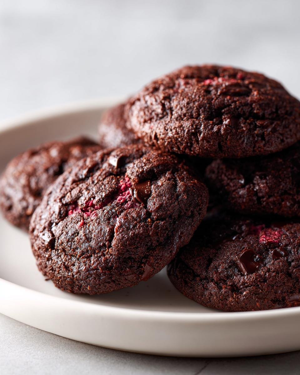 Nahaufnahme von gestapelten, dunklen Schoko Himbeer Kekse mit sichtbaren Himbeerstücken.