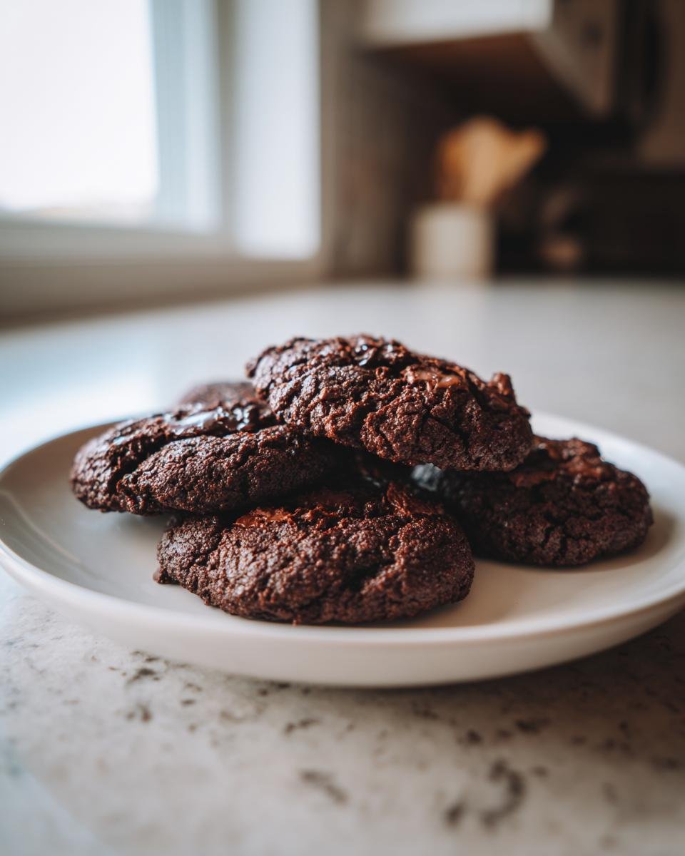 Ein Stapel dunkler, schokoladiger Schoko Himbeer Kekse auf einem weißen Teller.