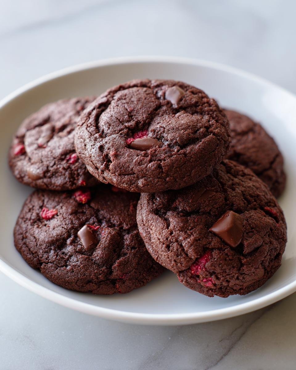 Ein Stapel dunkler Schoko Himbeer Kekse mit Schokoladenstückchen auf einem weißen Teller.