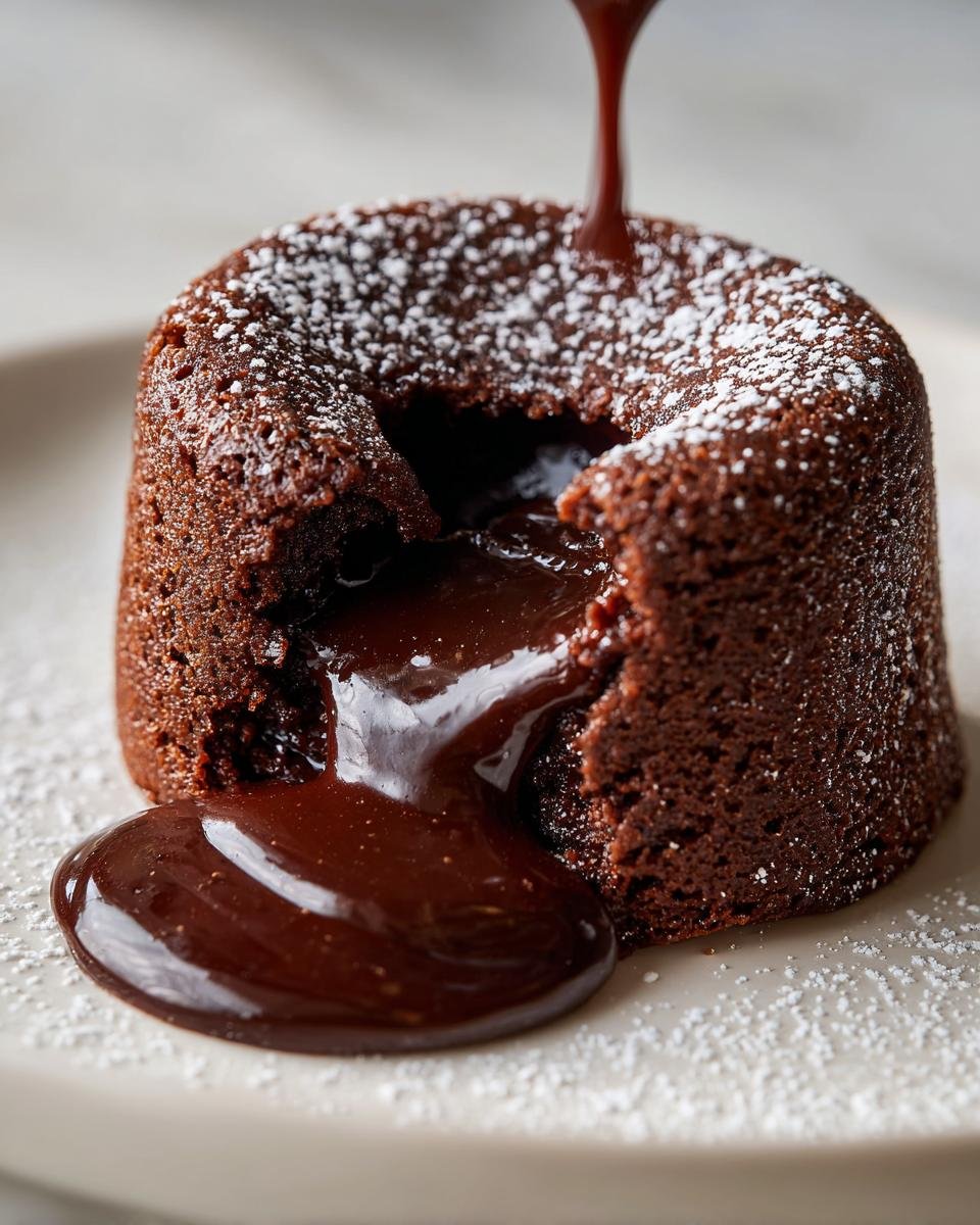 Ein Lava-Kuchen mit flüssigem Schokoladenkern, bestäubt mit Puderzucker, ideal für Valentinstagsrezepte für Verliebte.
