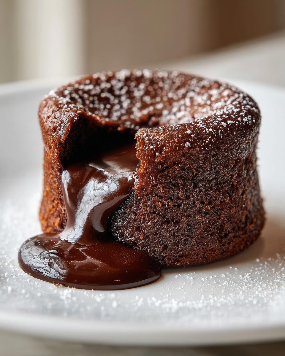 Ein warmer Schokoladen-Lava-Kuchen mit flüssigem Kern, bestäubt mit Puderzucker, perfekt für Valentinstagsrezepte für Verliebte.