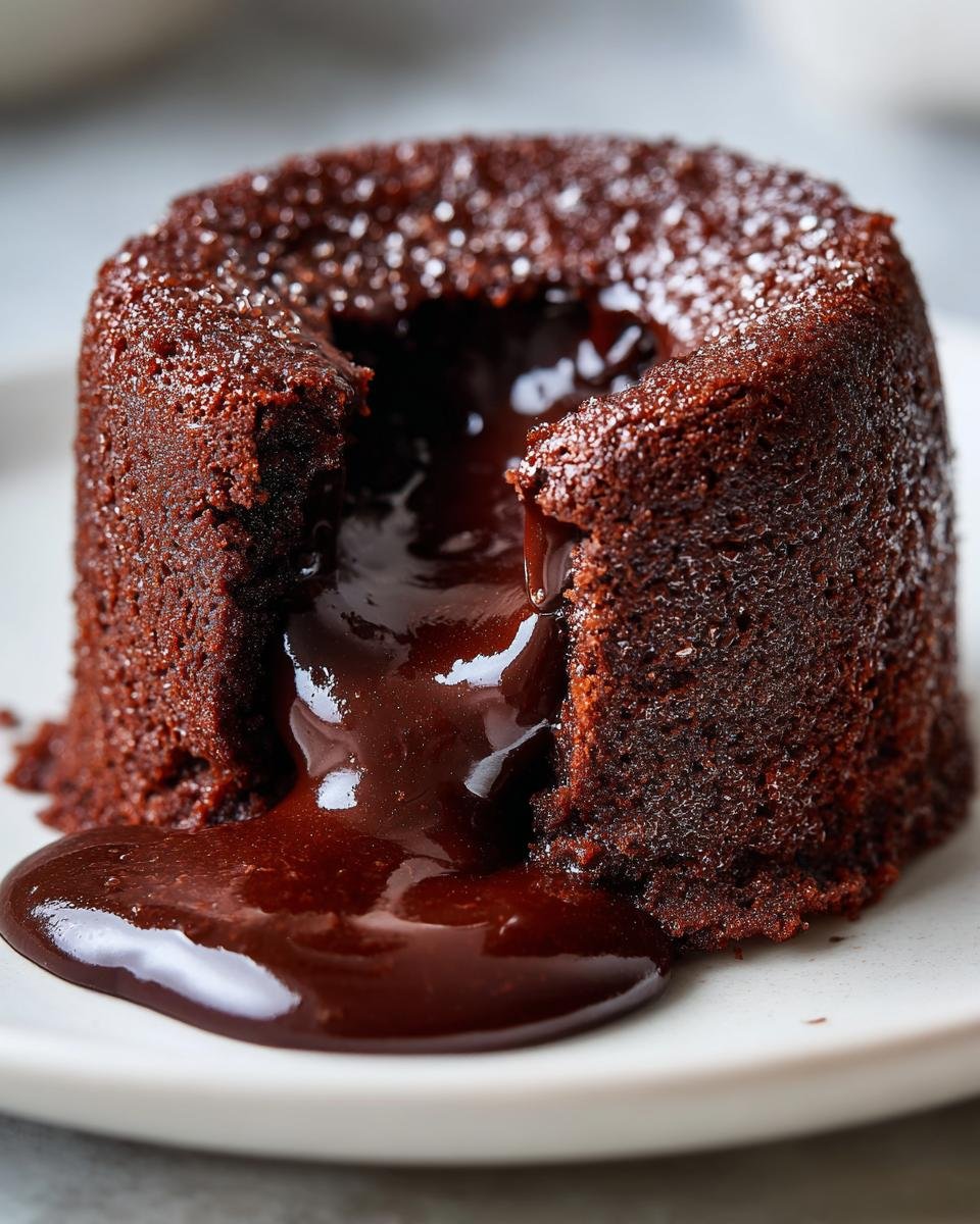 Ein aufgeschnittener Schokoladen-Lava-Kuchen mit flüssigem Kern, ideal für Valentinstagsrezepte für Verliebte.