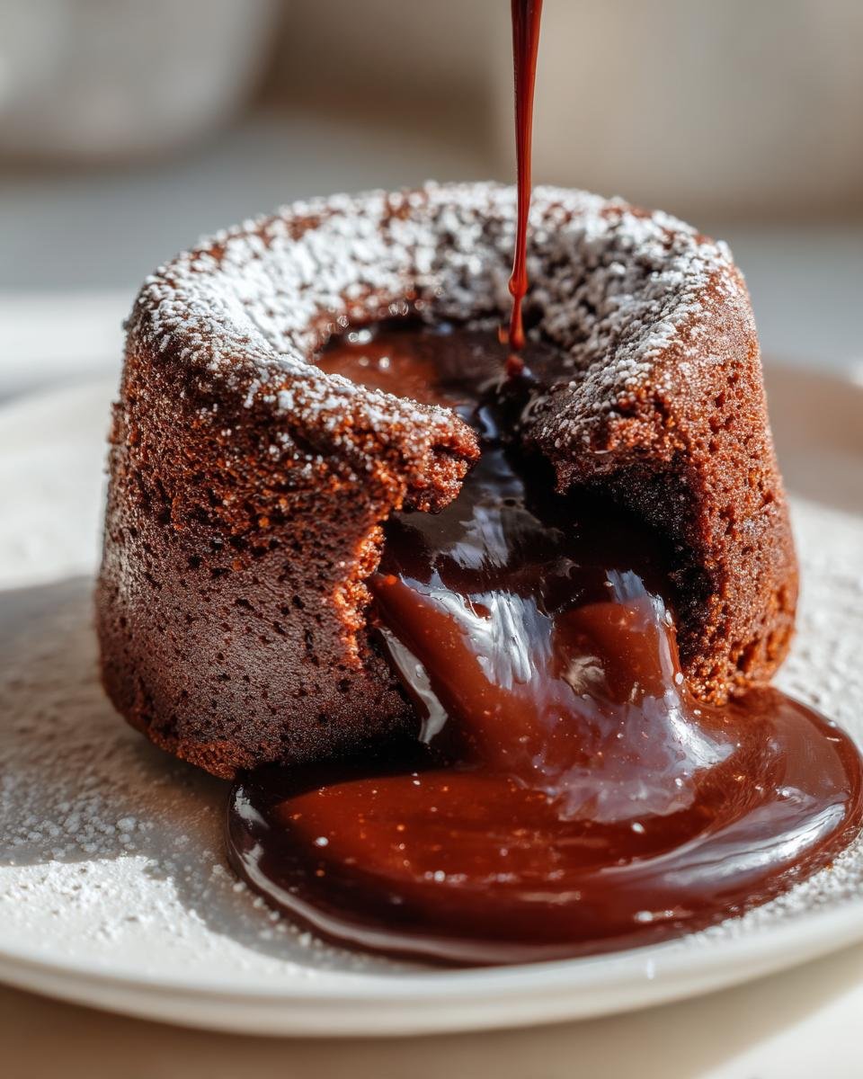 Ein warmer Schokoladen-Lava-Kuchen, bestäubt mit Puderzucker, aus dem flüssige Schokolade läuft – perfekt für Valentinstagsrezepte für Verliebte.
