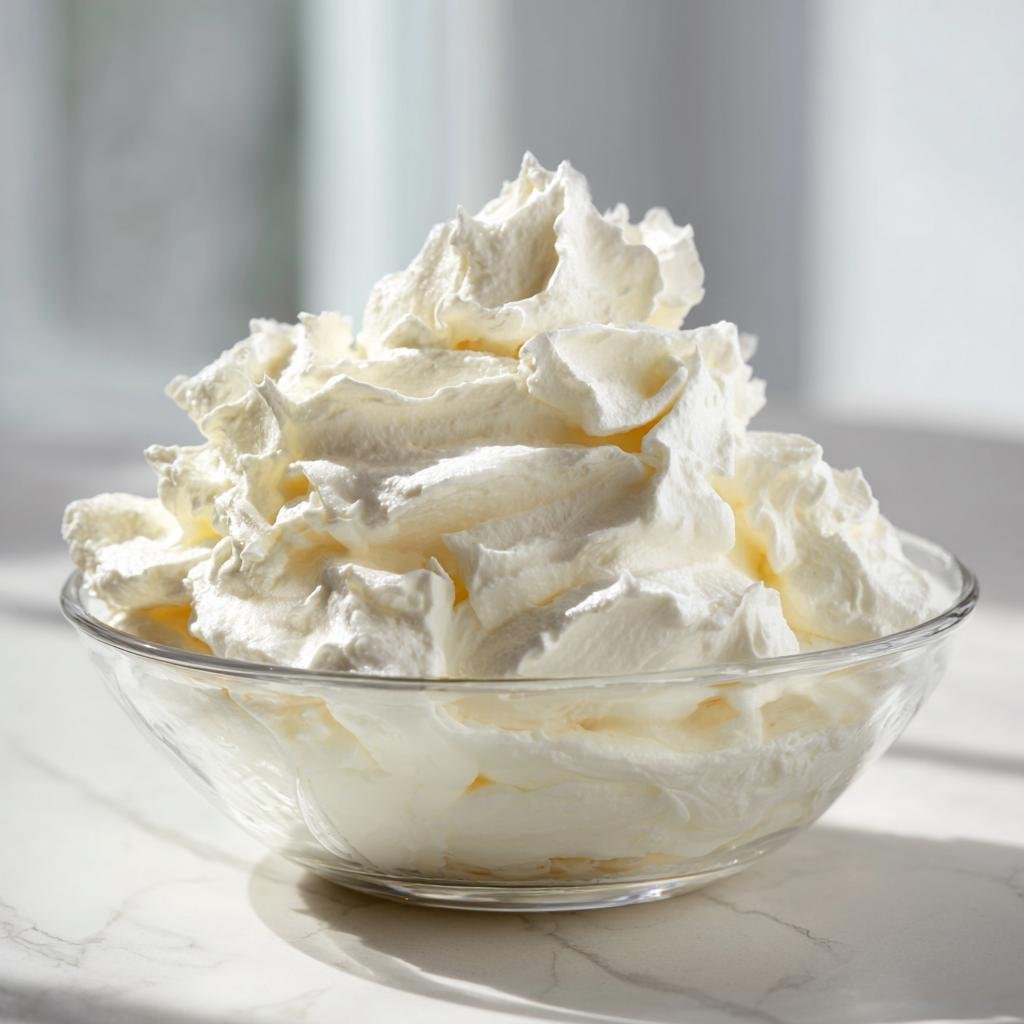 Eine Glasschüssel gefüllt mit einer großen Portion luftiger, weißer ZAUBERCREME, die auf einer Marmoroberfläche steht.