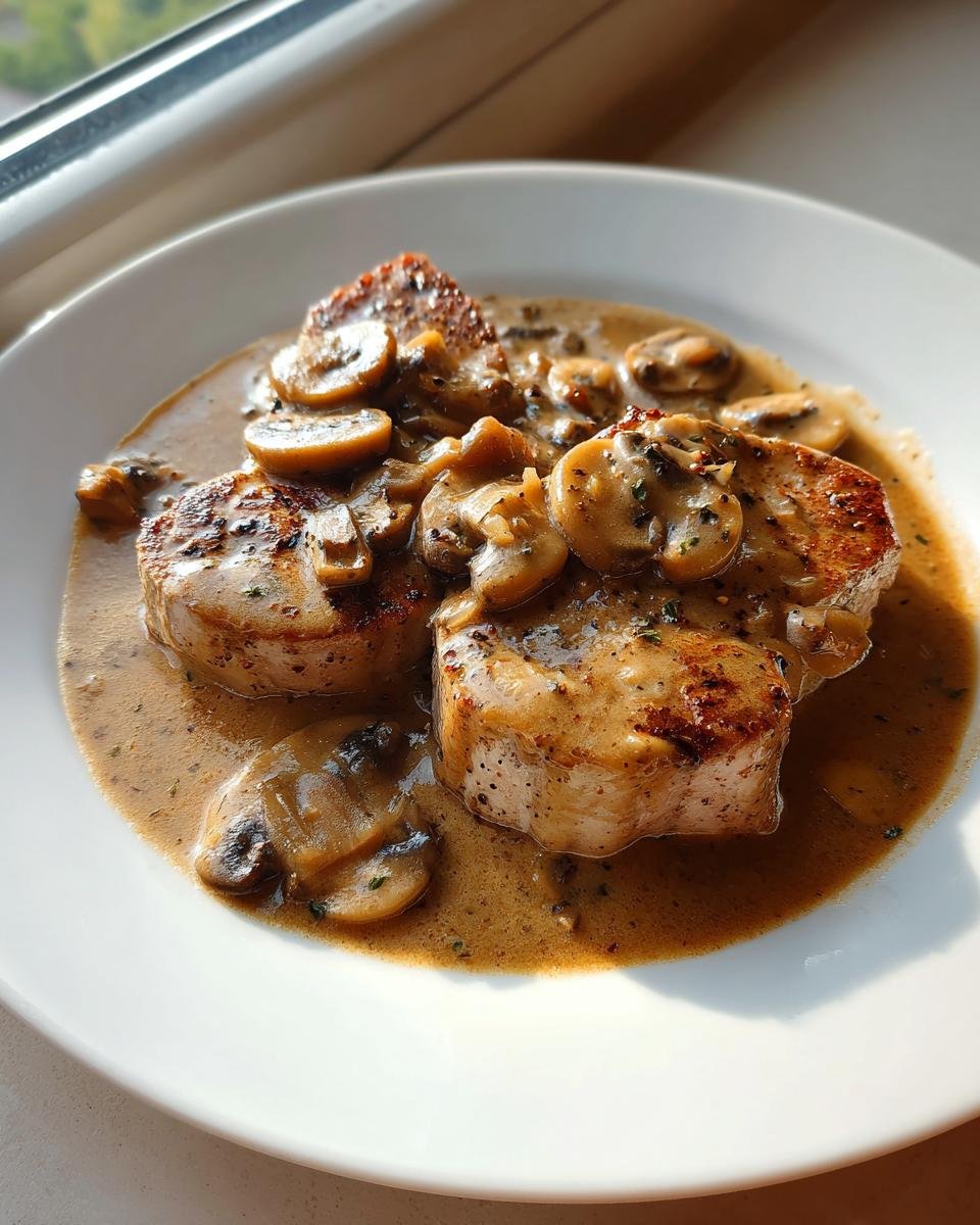 Drei gebratene Stücke Schweinefilet in cremiger Pilz-Zwiebel-Sauce auf einem weißen Teller.