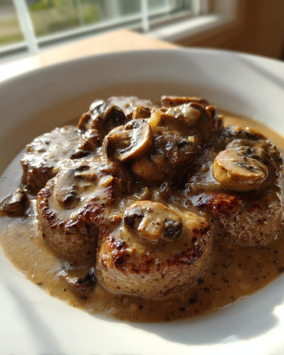 Zarte Medaillons vom Schweinefilet in einer cremigen Pilz-Zwiebel-Sauce auf einem weißen Teller.