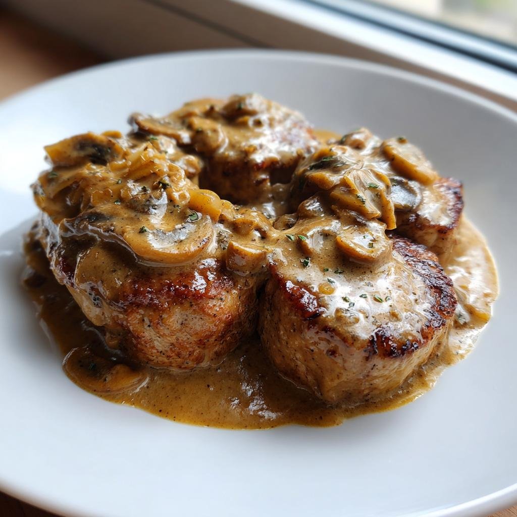 Drei saftige Stücke Schweinefilet in einer cremigen Pilz-Zwiebel-Sauce angerichtet.