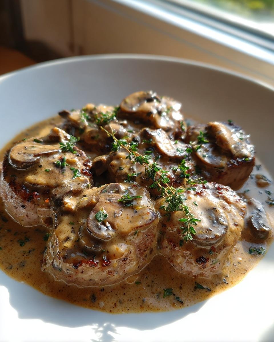 Zarte Medaillons vom Schweinefilet in reichhaltiger Pilz-Zwiebel-Sauce, garniert mit frischem Thymian.