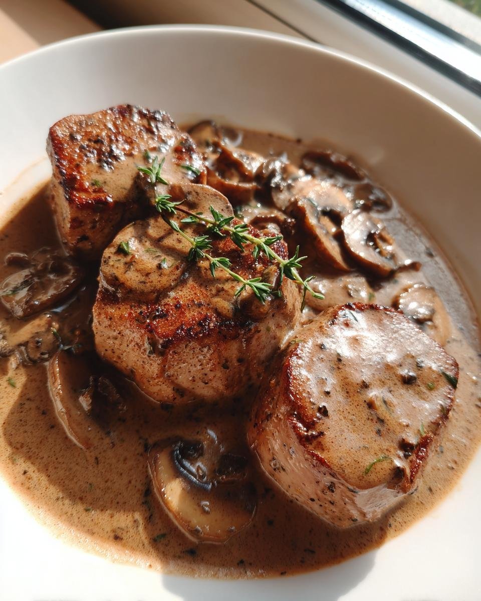 Drei saftige Stücke Schweinefilet in cremiger Pilz-Zwiebel-Sauce, garniert mit Thymian.