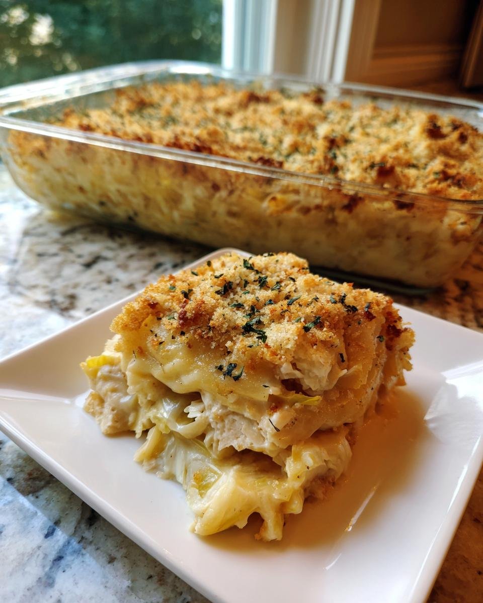 Ein Stück cremiges Spitzkohl Gratin mit goldbrauner Kruste auf einem weißen Teller.