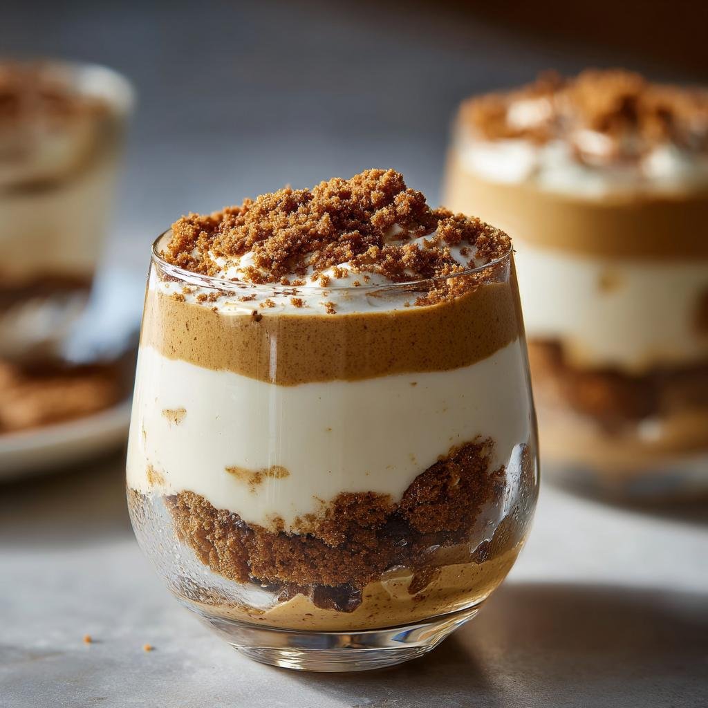 Nahaufnahme eines SPEKULATIUS DESSERT im Glas mit Schichten aus Creme und Spekulatius-Krümeln.
