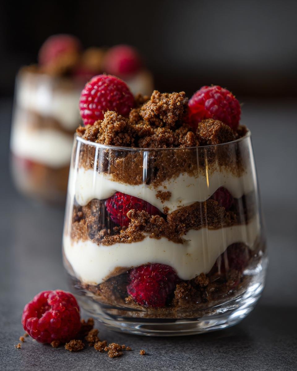 Nahaufnahme eines geschichteten Spekulatius Dessert mit Himbeeren und Creme in einem Glas.