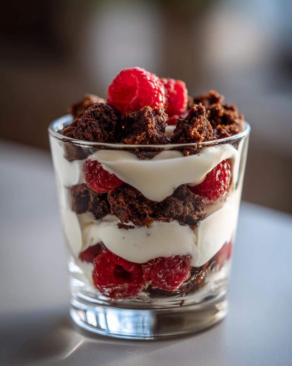 Schichtdessert im Glas mit Spekulatius-Krümeln, weißer Creme und frischen Himbeeren – Spekulatius Dessert mit Himbeeren.