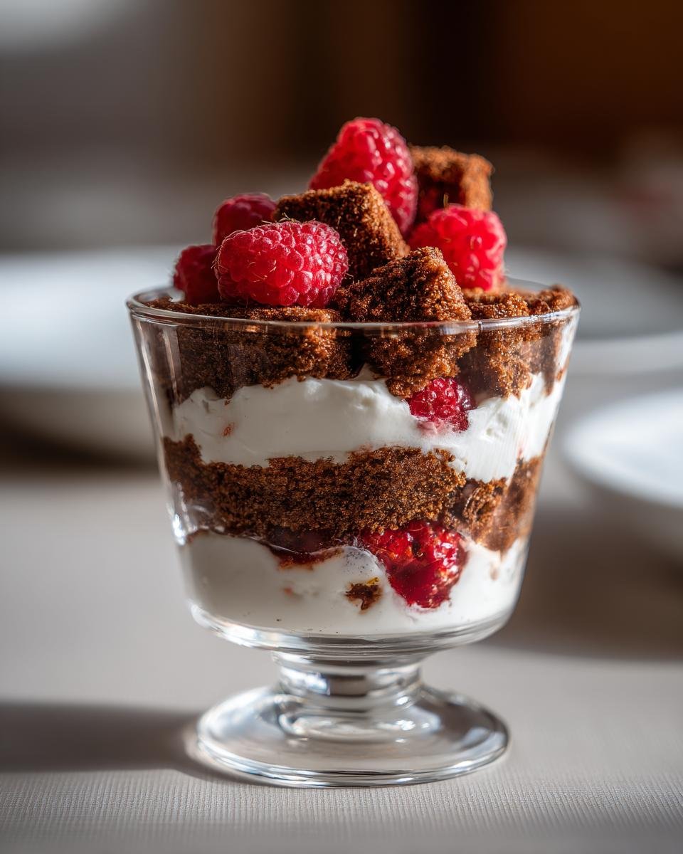 Nahaufnahme eines Spekulatius Dessert mit Himbeeren und cremiger Schicht im Glas.