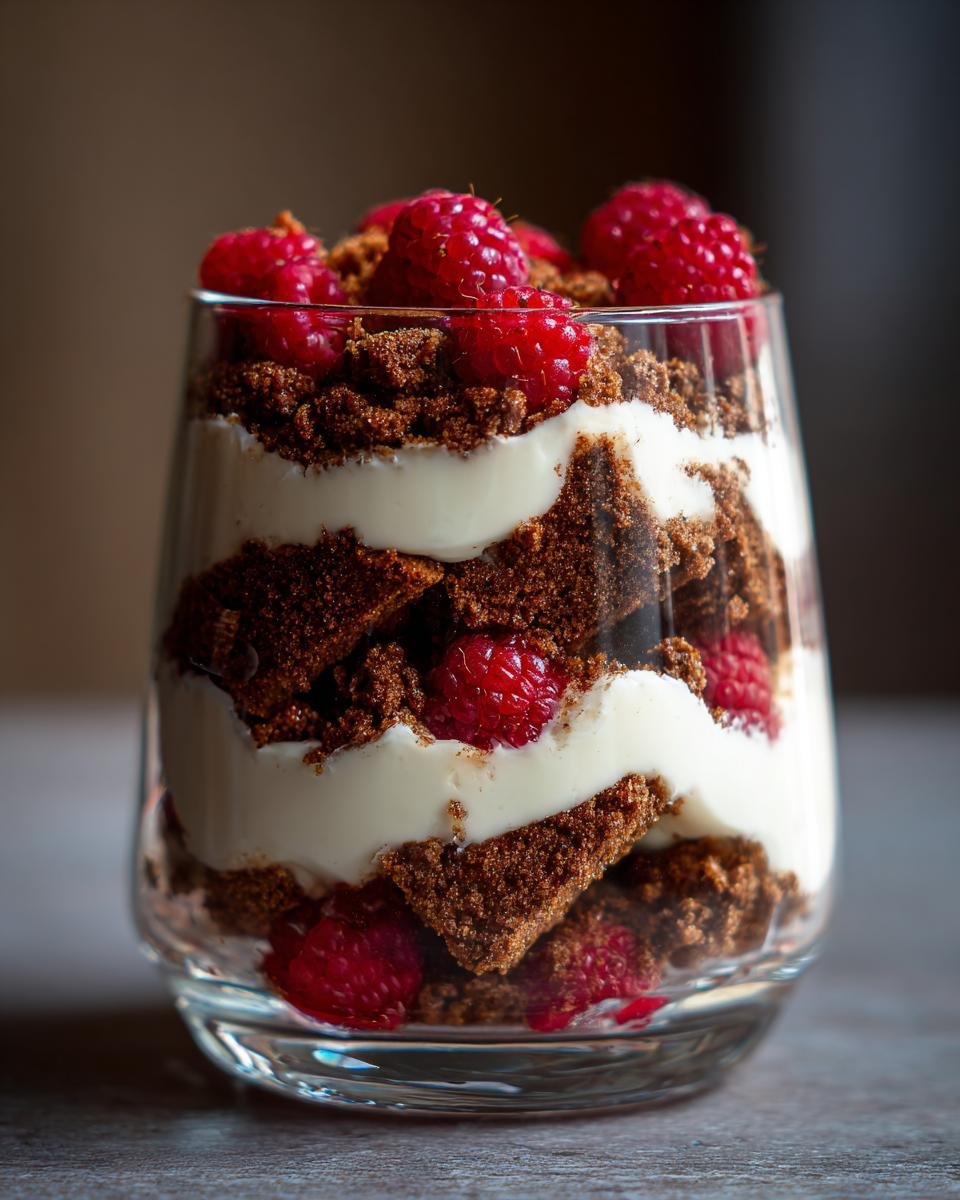 Schichtdessert mit Spekulatius-Krümeln, weißer Creme und frischen Himbeeren – Spekulatius Dessert mit Himbeeren.