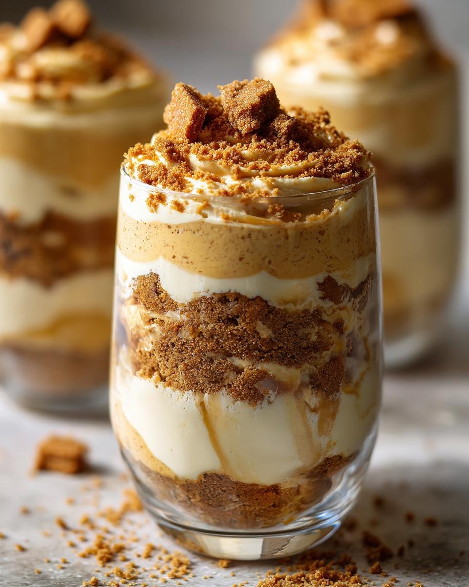 Nahaufnahme eines SPEKULATIUS DESSERT im Glas mit Schichten aus Creme und zerbröselten Spekulatius.