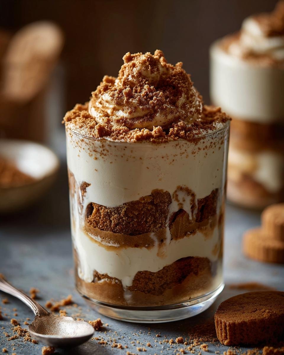 Nahaufnahme eines Schichtdesserts im Glas mit Spekulatius-Keksen, Creme und Streuseln als Topping.