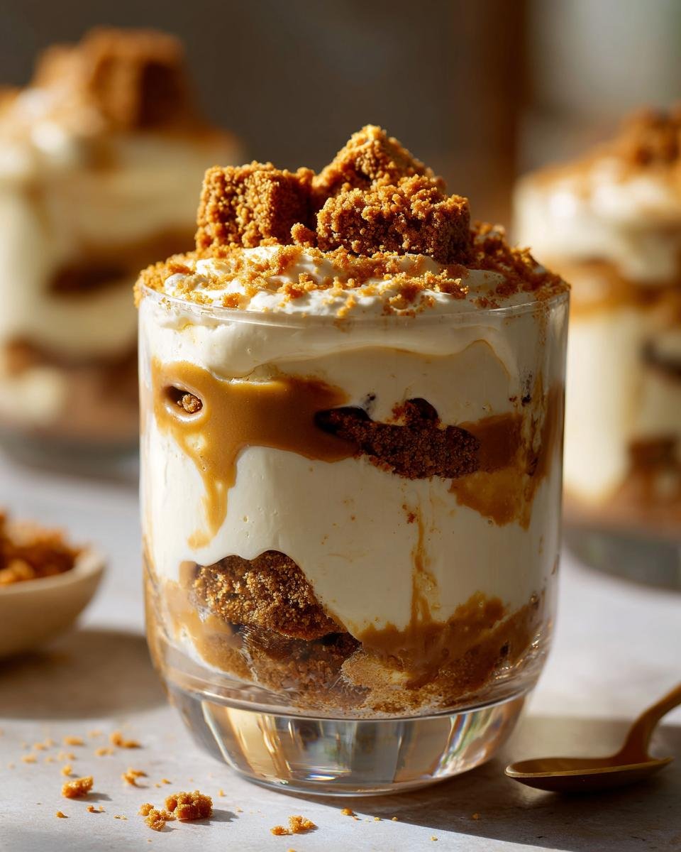 Nahaufnahme eines Schichtdesserts im Glas mit Spekulatius-Kekskrümeln, Sahne und Karamellsoße.