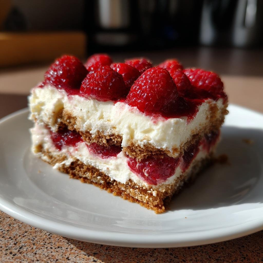 Ein saftiges Stück Spekulatius-Himbeer-Tiramisu mit cremiger Schicht und frischen Himbeeren obenauf.