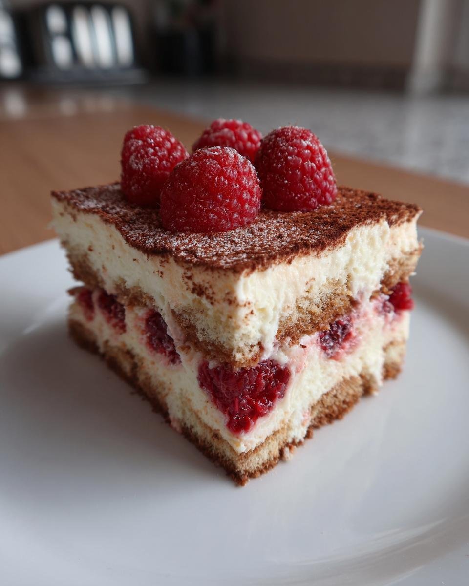 Ein Stück Spekulatius-Himbeer-Tiramisu mit cremiger Schicht und frischen Himbeeren obendrauf auf einem weißen Teller.