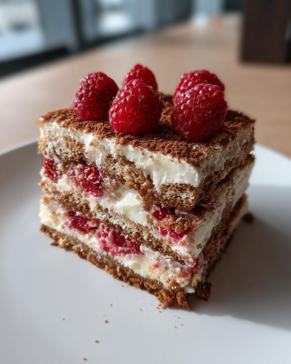 Ein Stück Spekulatius-Himbeer-Tiramisu mit Schichten aus Spekulatius, Creme und Himbeeren, garniert mit frischen Himbeeren.