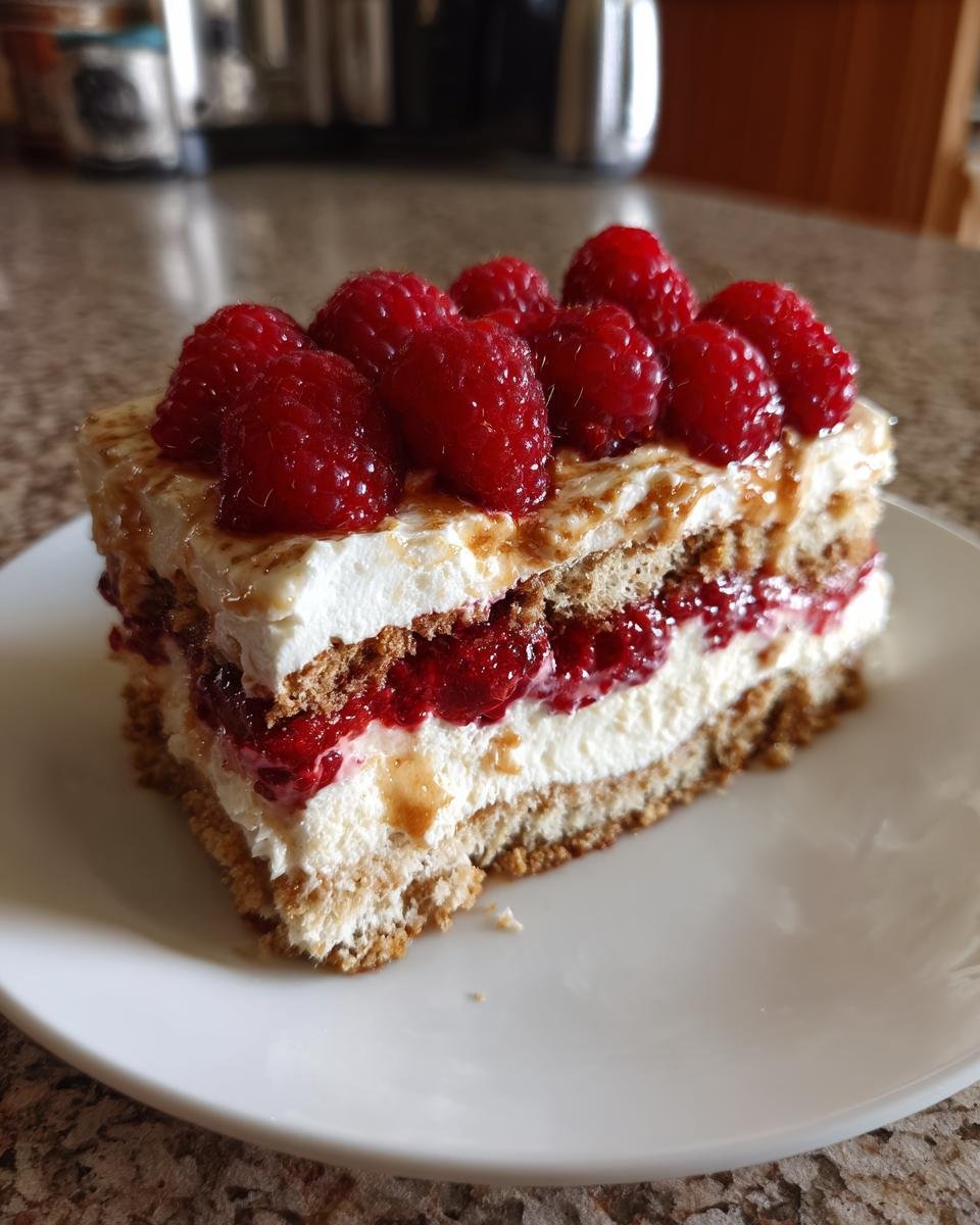Ein Stück Spekulatius-Himbeer-Tiramisu mit Schichten aus Spekulatius, Creme und Himbeermarmelade, garniert mit frischen Himbeeren.