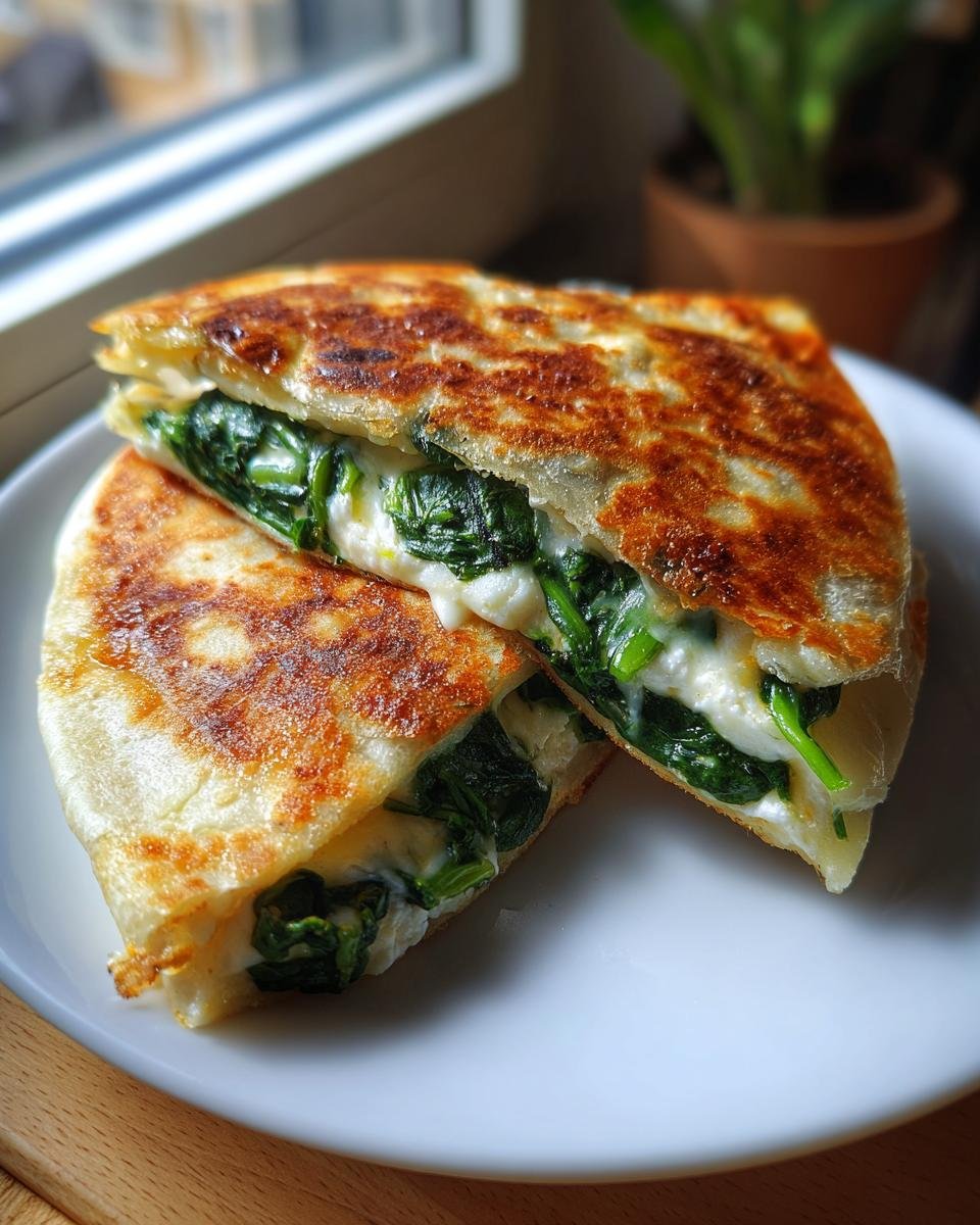 Zwei Hälften einer knusprig gebratenen Spinat-Feta-Quesadillas, gefüllt mit geschmolzenem Käse und Spinat.