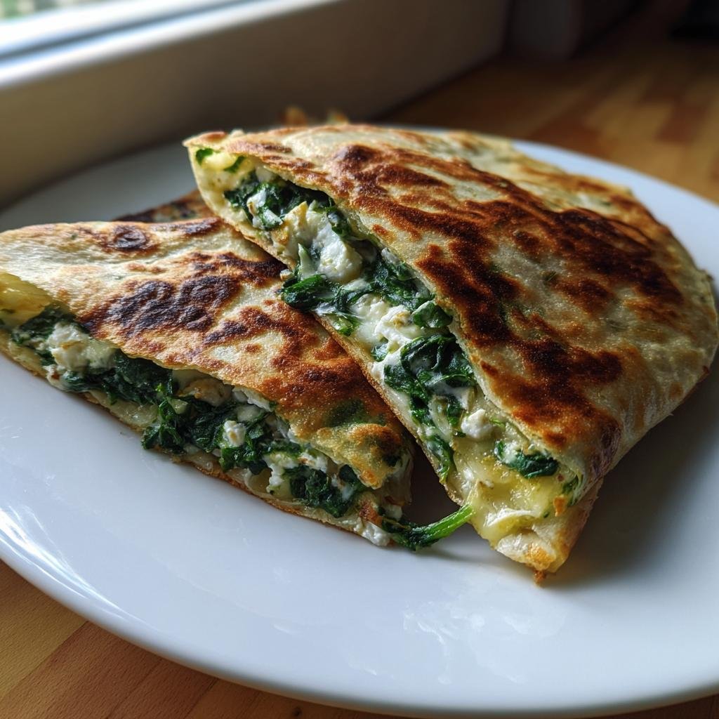 Zwei Hälften knuspriger Spinat-Feta-Quesadillas gefüllt mit Spinat und geschmolzenem Feta, auf einem weißen Teller.