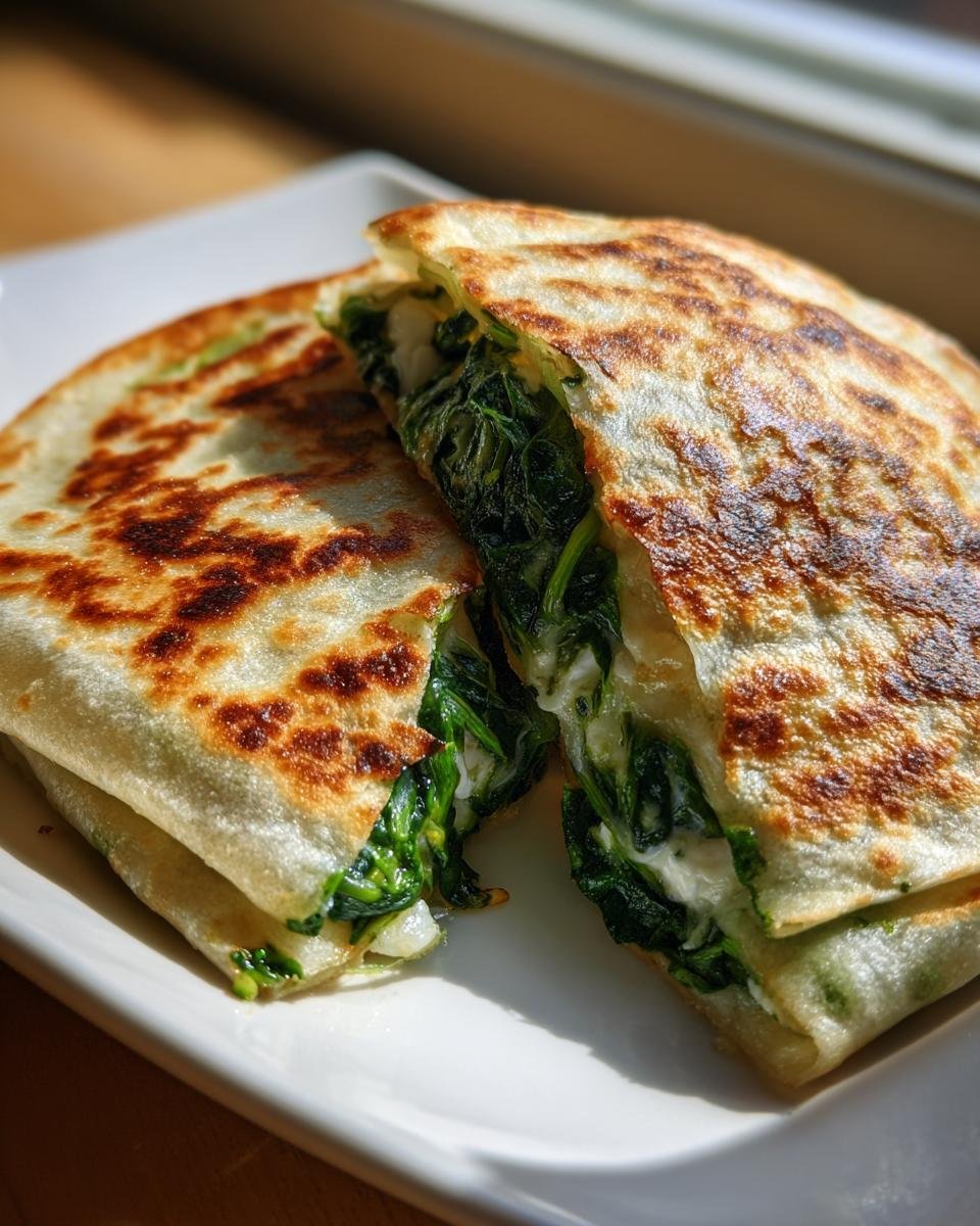 Zwei Hälften knuspriger Spinat-Feta-Quesadillas, gefüllt mit viel grünem Spinat und geschmolzenem Käse.