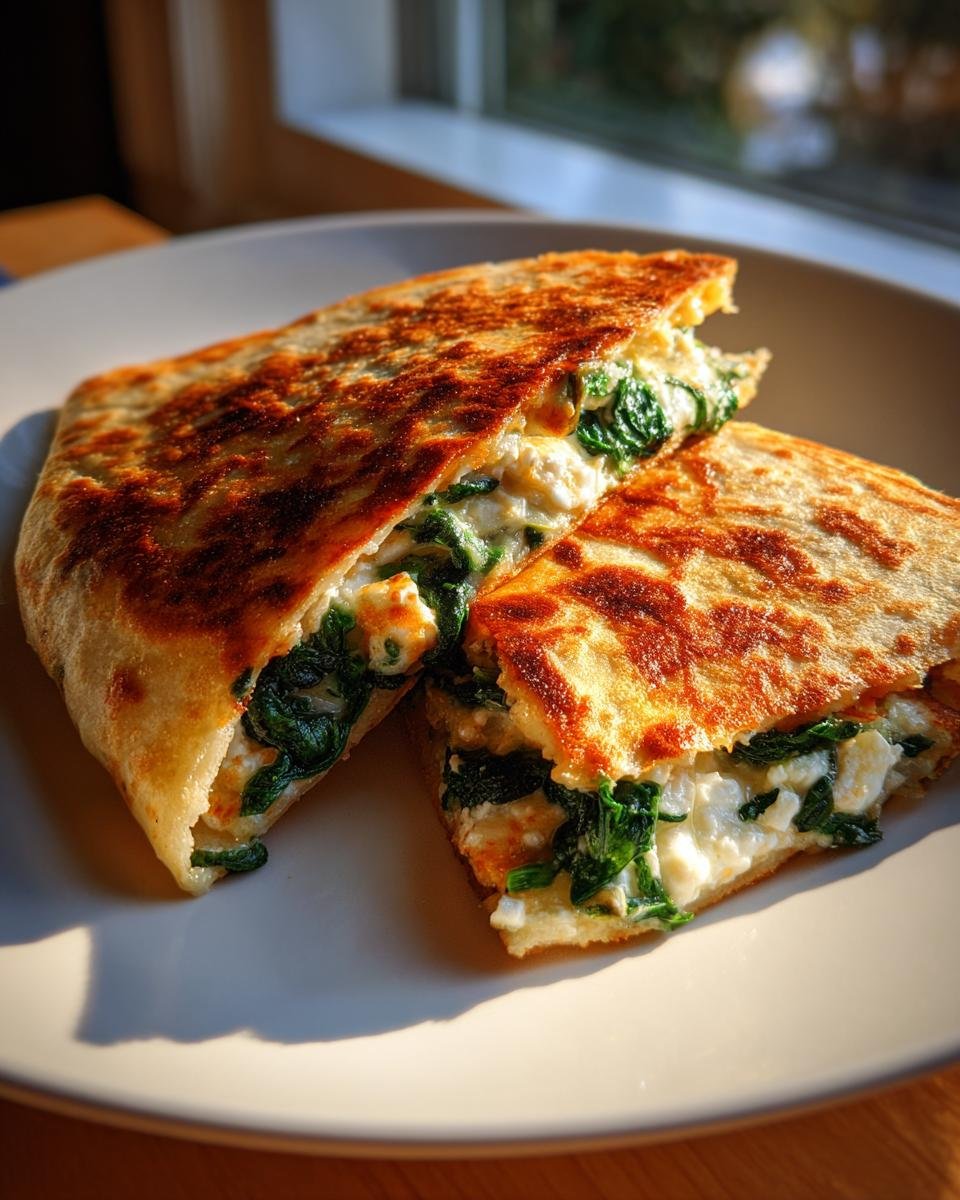 Zwei Hälften knuspriger Spinat-Feta-Quesadillas mit geschmolzenem Feta und grünem Spinat, serviert auf einem weißen Teller.