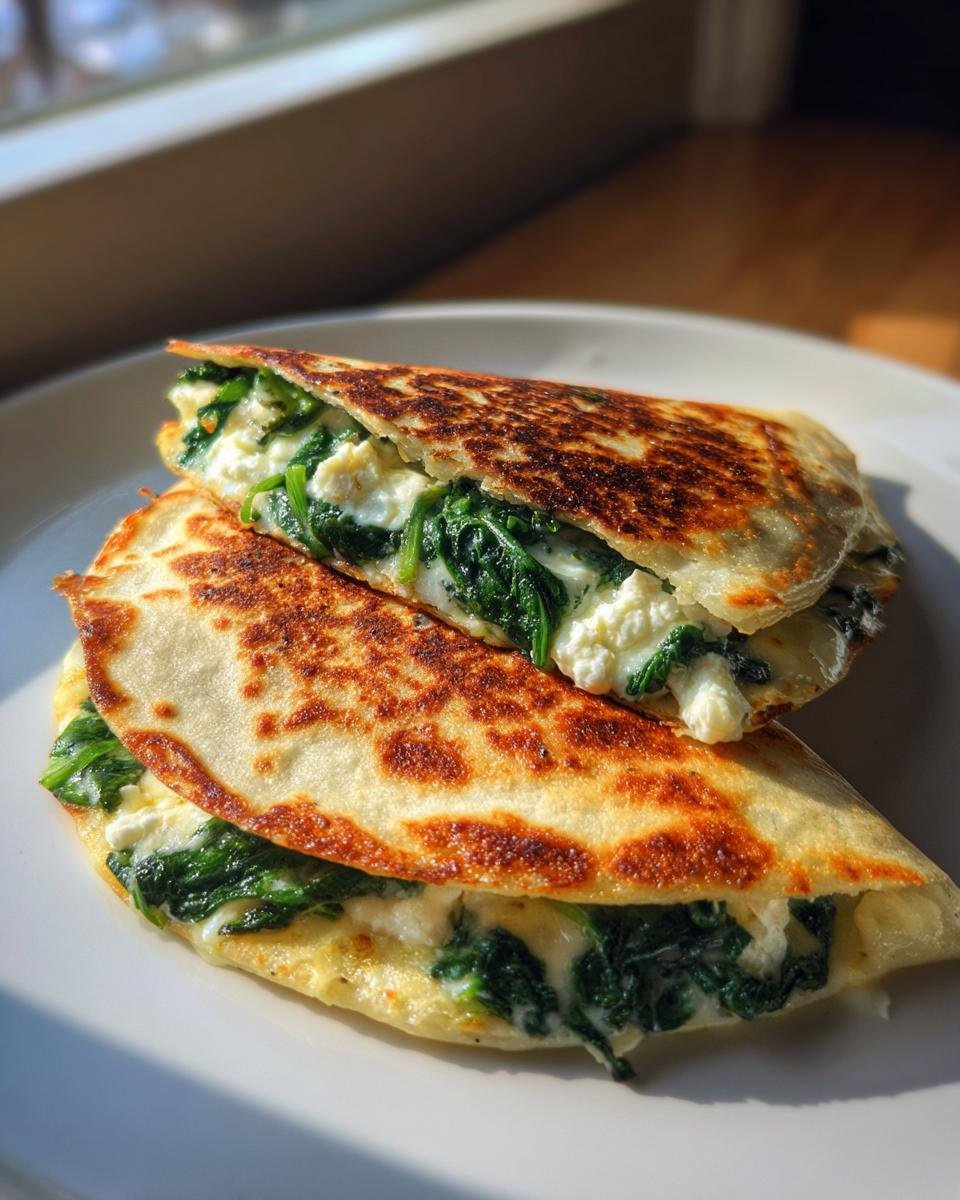 Zwei goldbraun gebratene Spinat-Feta-Quesadillas, gefüllt mit Spinat und Feta, auf einem weißen Teller.