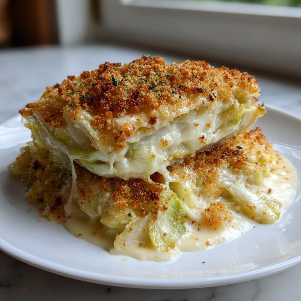 Zwei übereinander gestapelte Portionen Spitzkohl Gratin mit cremiger Käsesauce und goldbrauner Kruste.