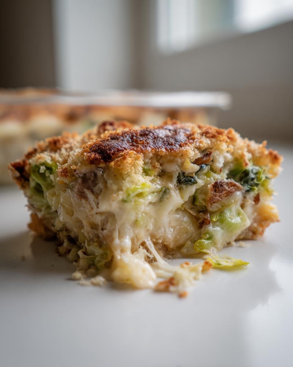 Nahaufnahme eines cremigen Stücks Spitzkohl Gratin mit goldbrauner Kruste und geschmolzenem Käse.