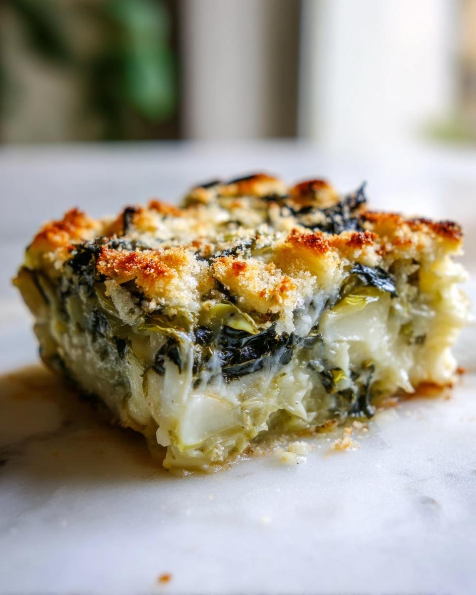 Nahaufnahme eines cremigen Stücks Spitzkohl Gratin mit goldbrauner, knuspriger Käse-Semmelbrösel-Kruste.