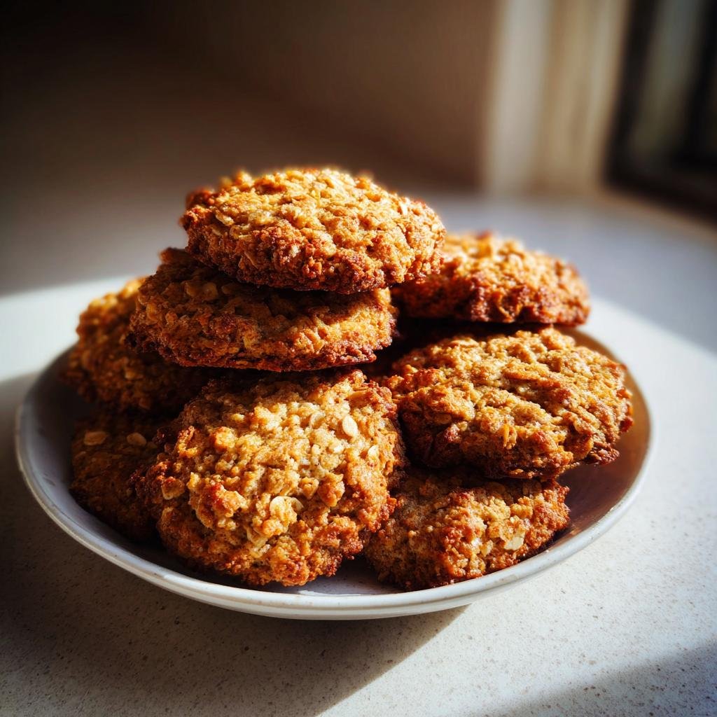 Ein Stapel goldbrauner Apfel-Haferflocken-Kekse auf einem Teller, appetitlich im Sonnenlicht.
