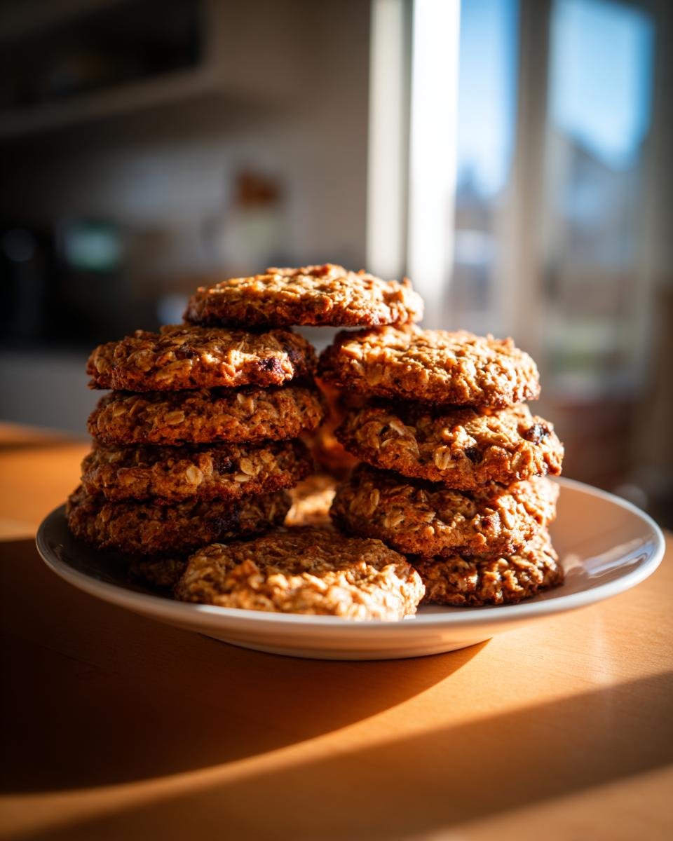 Ein hoher Stapel goldbrauner Apfel-Haferflocken-Kekse auf einem weißen Teller, beleuchtet durch warmes Sonnenlicht.